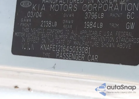 2004 Kia Spectra Ex/Lx from USA, damaged, VIN KNAFE121645033081